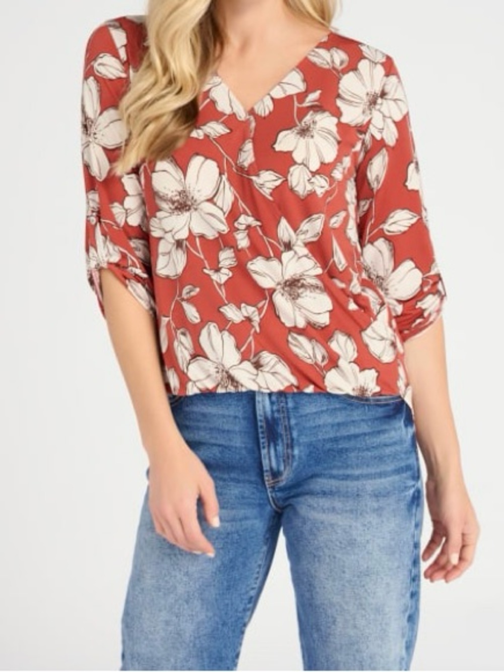 Women's Floral V-Neck Blouse in Rust and Cream